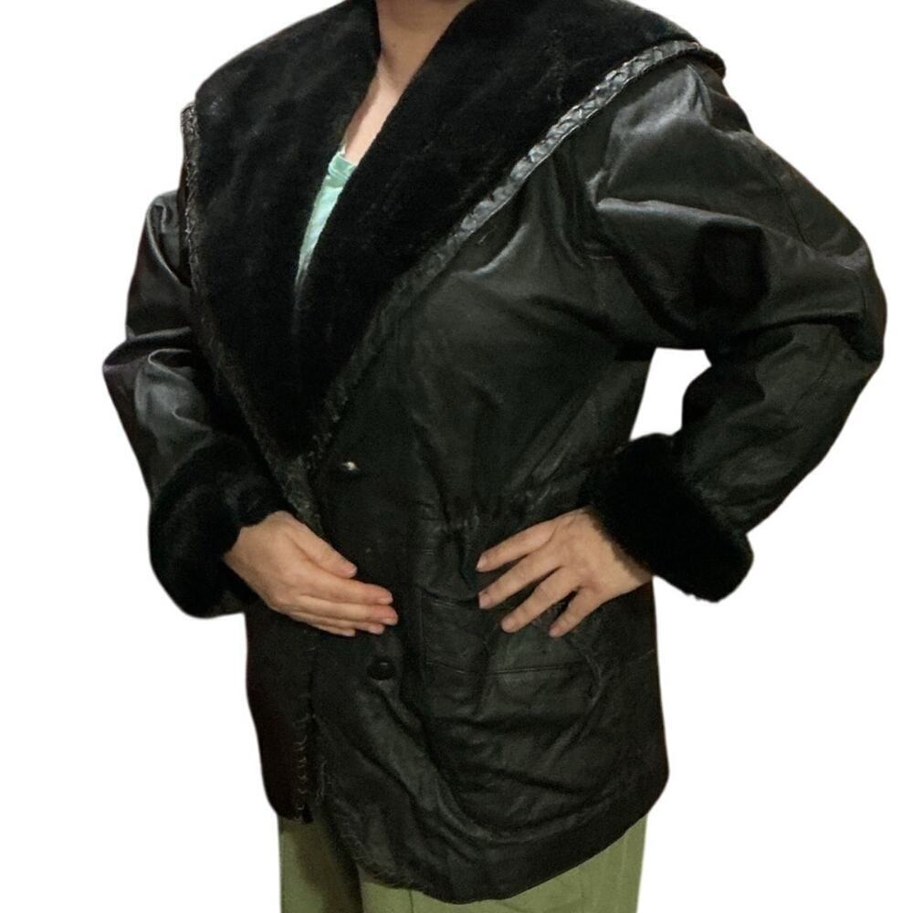 Vintage WINLIT Black Leather Jacket Faux Fur Trim Hooded Medium 80s 90s
